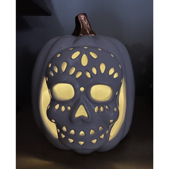 Halloween White Ceramic Lighted 11” Tall Sugar Skull Pumpkin Decoration - Picture 1 of 8